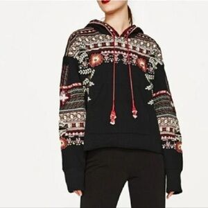 ZARA BBWM Woman Black Aztec Print Embellished Hoodie Long Sleeve Sweater L